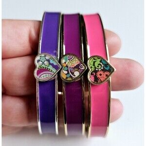 3 Vera Bradley Enamel Hinged Bracelets Hearts Purple Pink Silver Gold